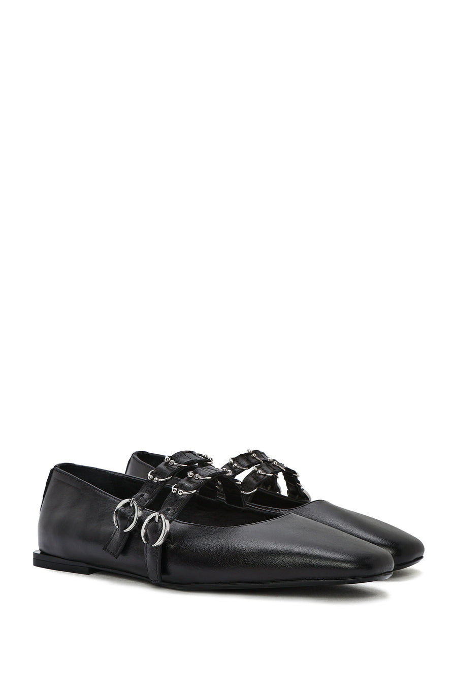 Women's Black Double Buckled Leather Ballerinas