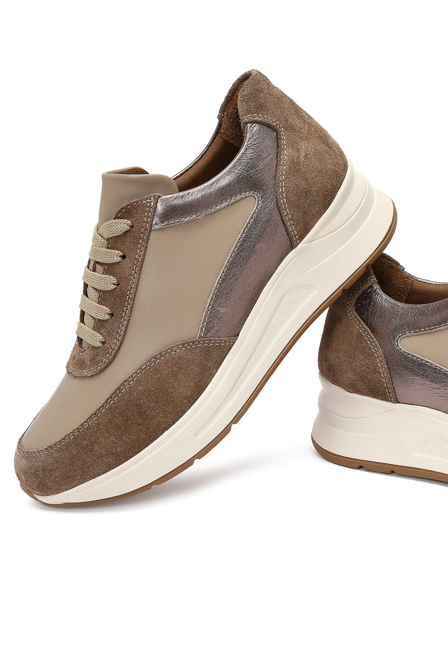 Kadın Vizon Bağcıklı Dolgu Topuklu Deri Sneaker