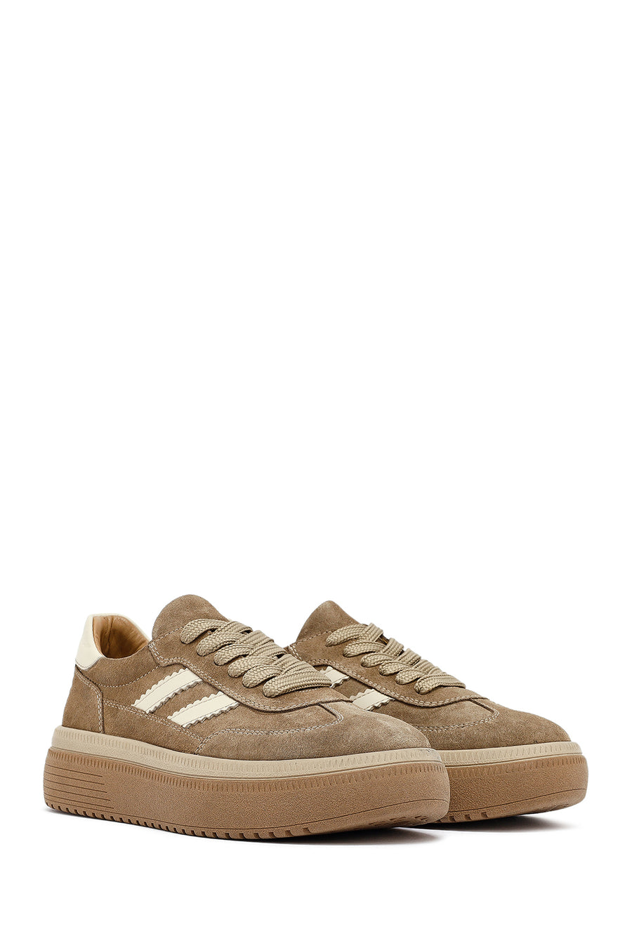 Woman Beige Lace-Up Thick-Soled Suede Leather Sneakers