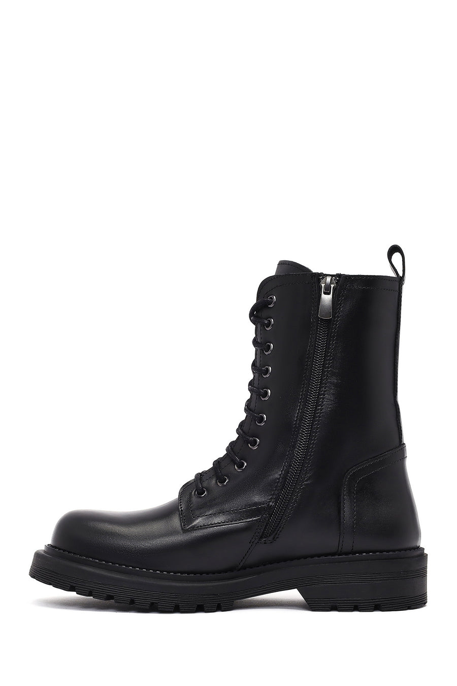 Women's Black Zipper Leather Combat Boots