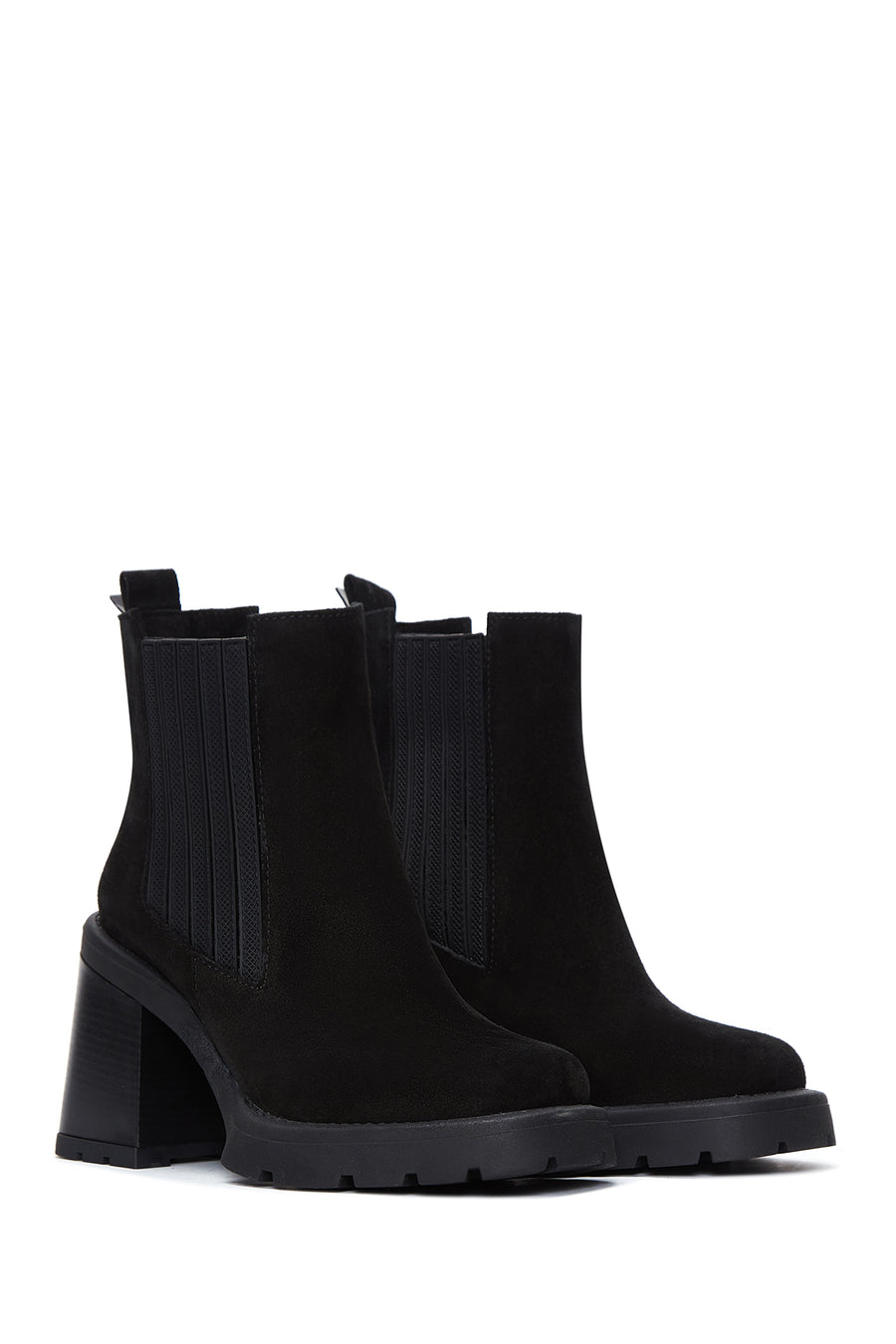 Women's Black Suede Leather Heeled Chelsea Boots