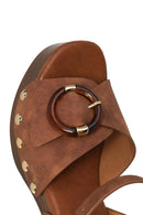 Woman Brown Ankle-Buckle Platform Chunky High-Heel Suede Sandals | Derimod