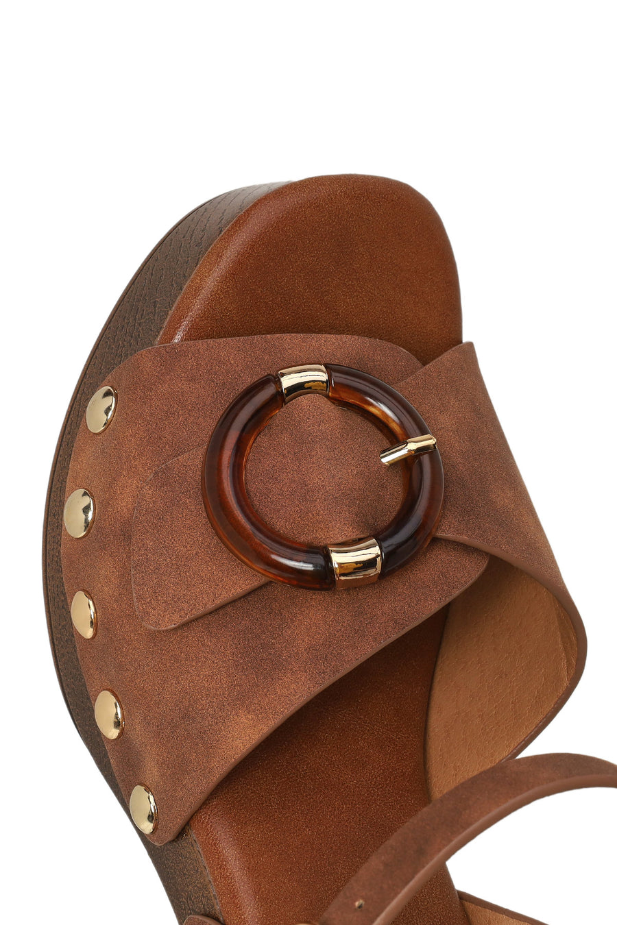 Woman Brown Ankle-Buckle Platform Chunky High-Heel Suede Sandals