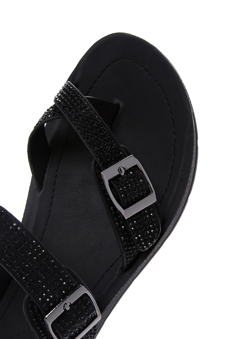 Women's Black Double Buckled Stoned Slippers