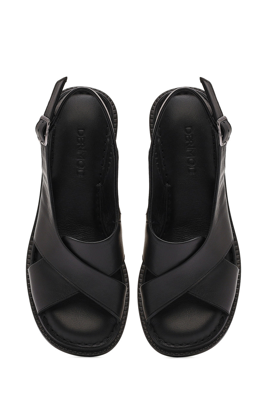 Women's Black Ankle Buckle Low Heel Leather Sandals