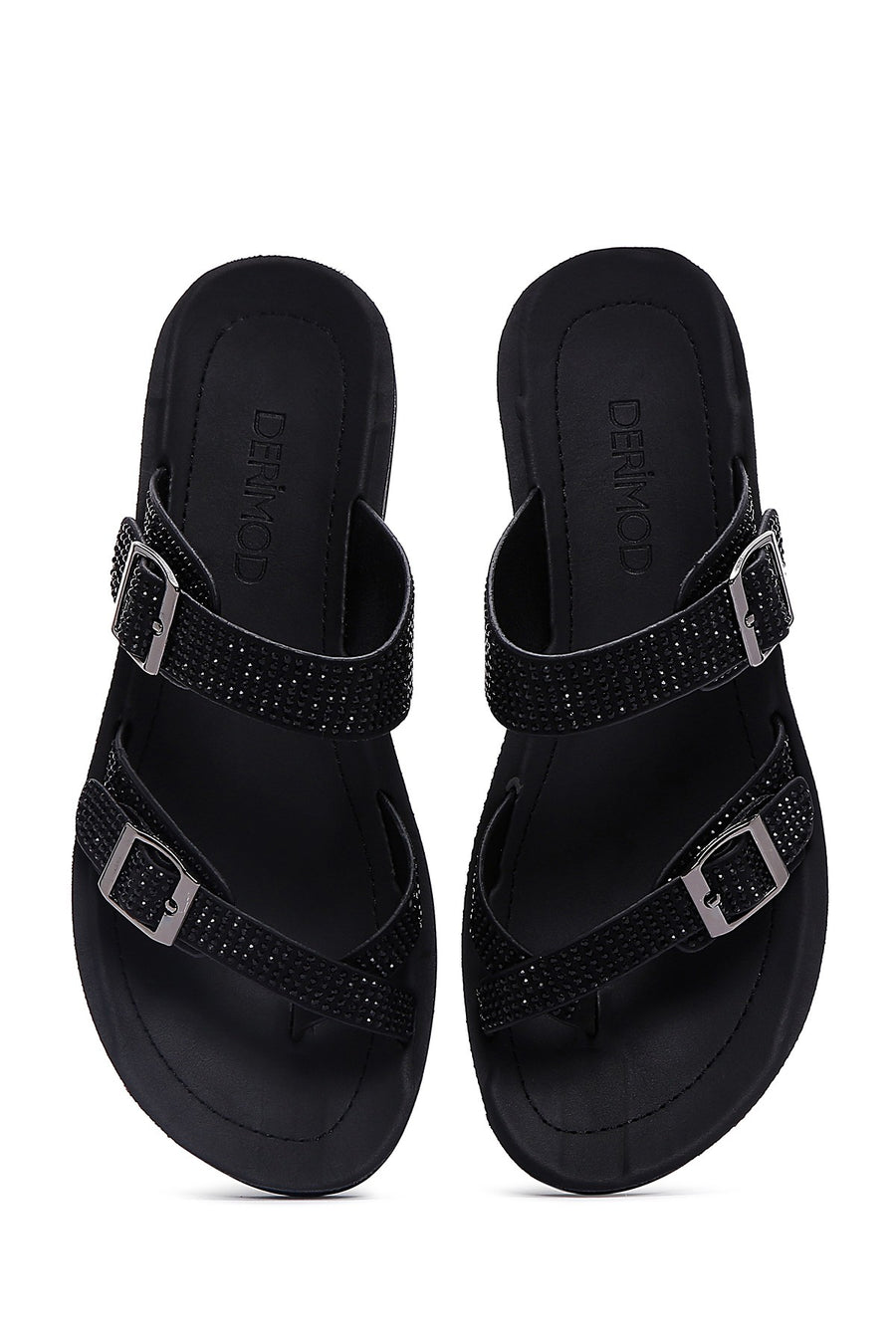 Women's Black Double Buckled Stoned Slippers