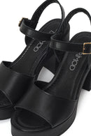 Woman Black Buckled Platform Block-Heel Leather Sandals | Derimod