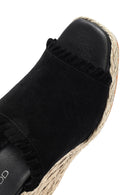 Women's Black Wedge Heeled Suede Leather Espadrille Slippers | Derimod