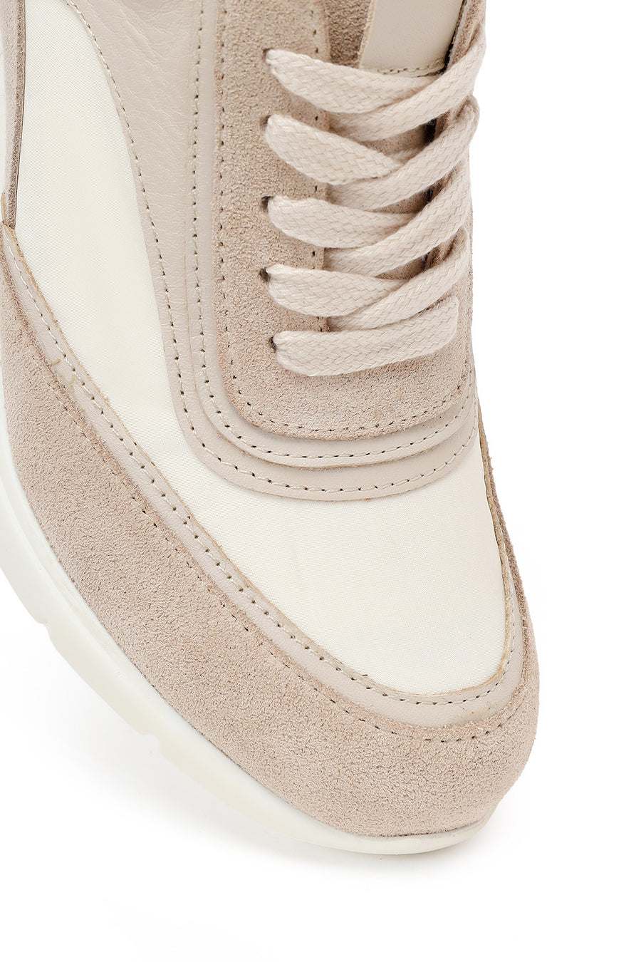 Woman Beige Lace-Up Wedge-Heel Suede Leather Sneaker