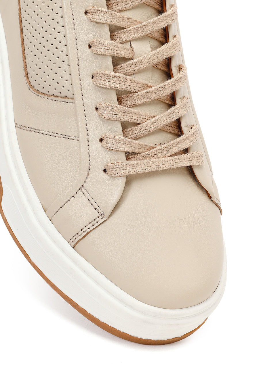 Erkek Bej Kalın Tabanlı Bağcıklı Deri Sneaker