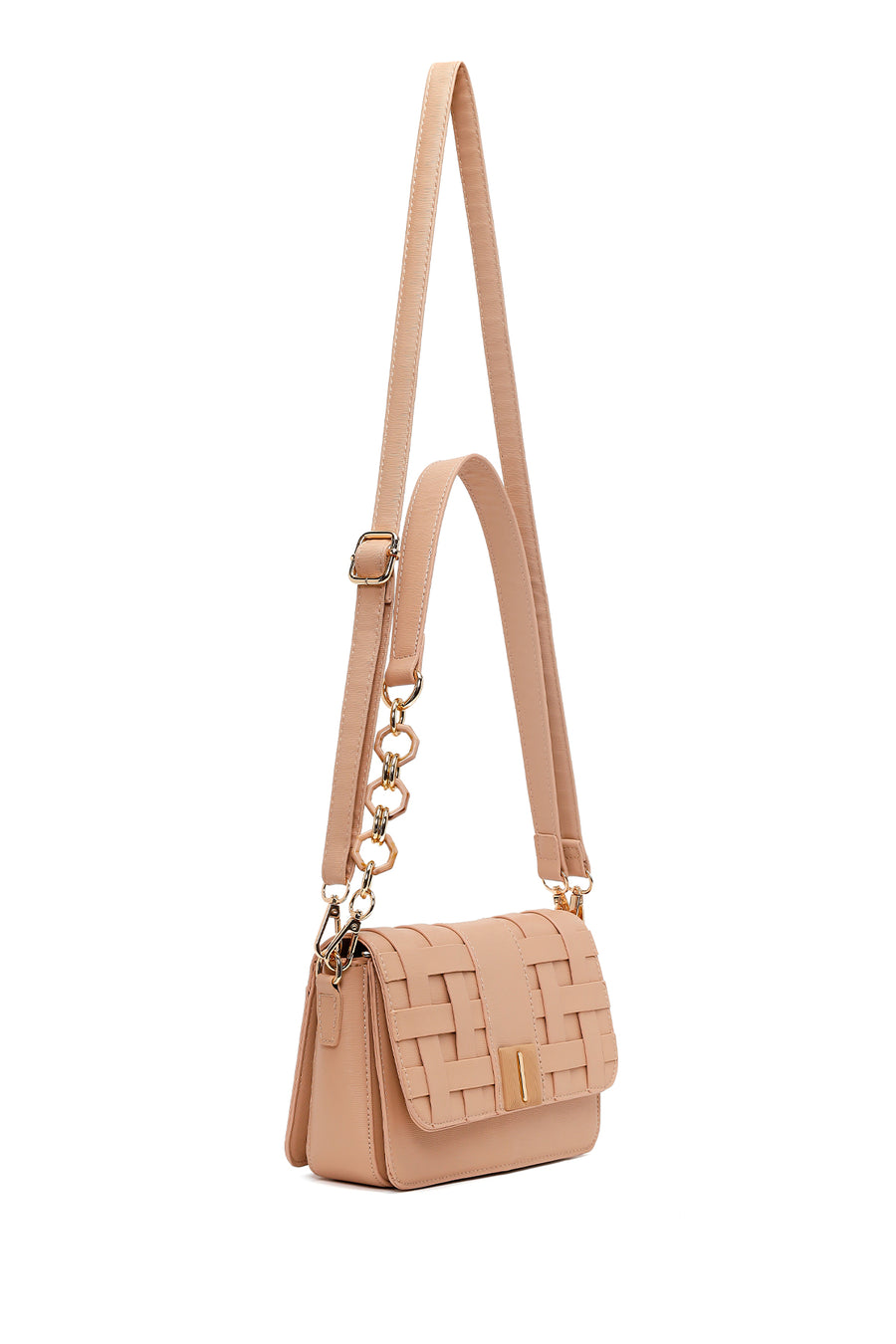 Woman Beige Long-Strap Knitted Crossbody Bag
