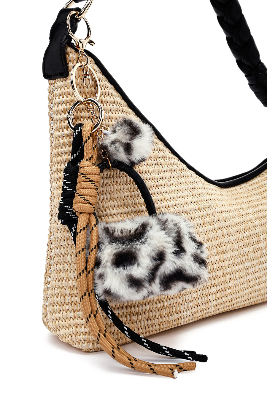 Woman Cream Charm-Embellished Straw Shoulder Bag