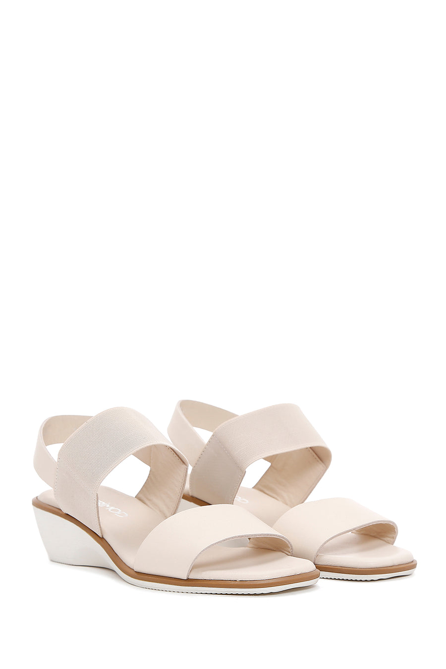 Women's Beige Wedge Heeled Leather Sandals