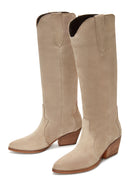 Women's Beige Suede Leather Cowboy Heeled Boots | Derimod