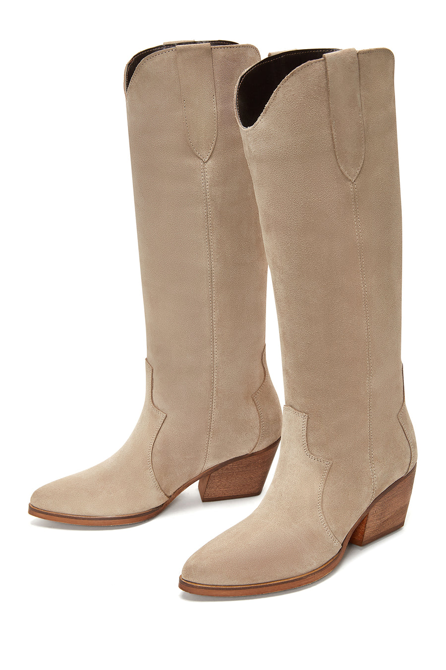 Women's Beige Suede Leather Cowboy Heeled Boots