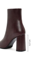 Women's Burgundy Zippered Thick High Heel Leather Boots | Derimod