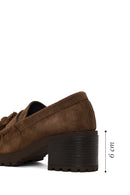 Woman Walnut Tassel Chunky Heeled Suede Loafer | Derimod