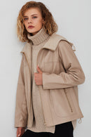 Roma Women's Beige Hooded Double-Sided Oversize Leather Jacket | Derimod