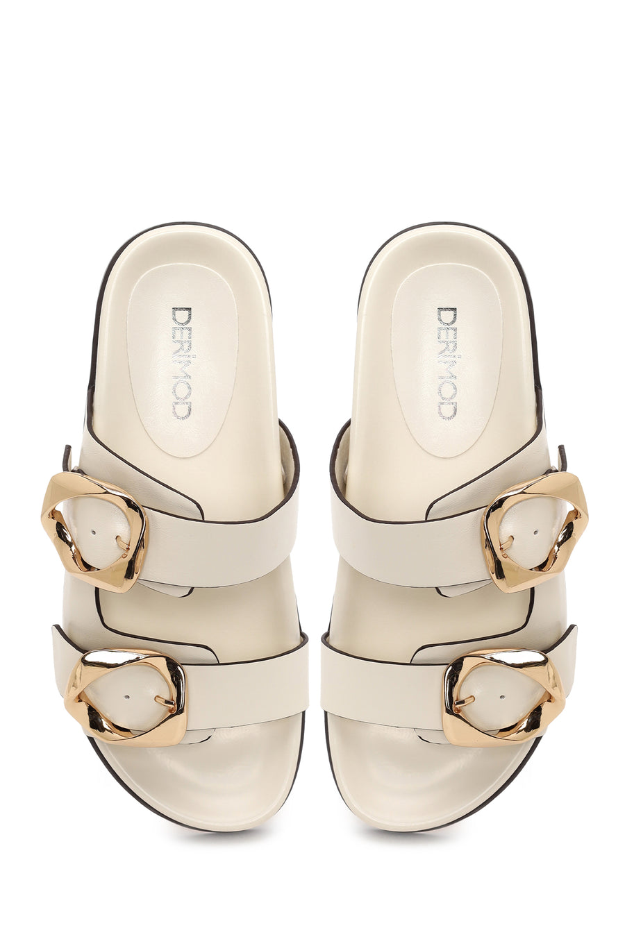 Woman Cream Double-Buckle Slippers