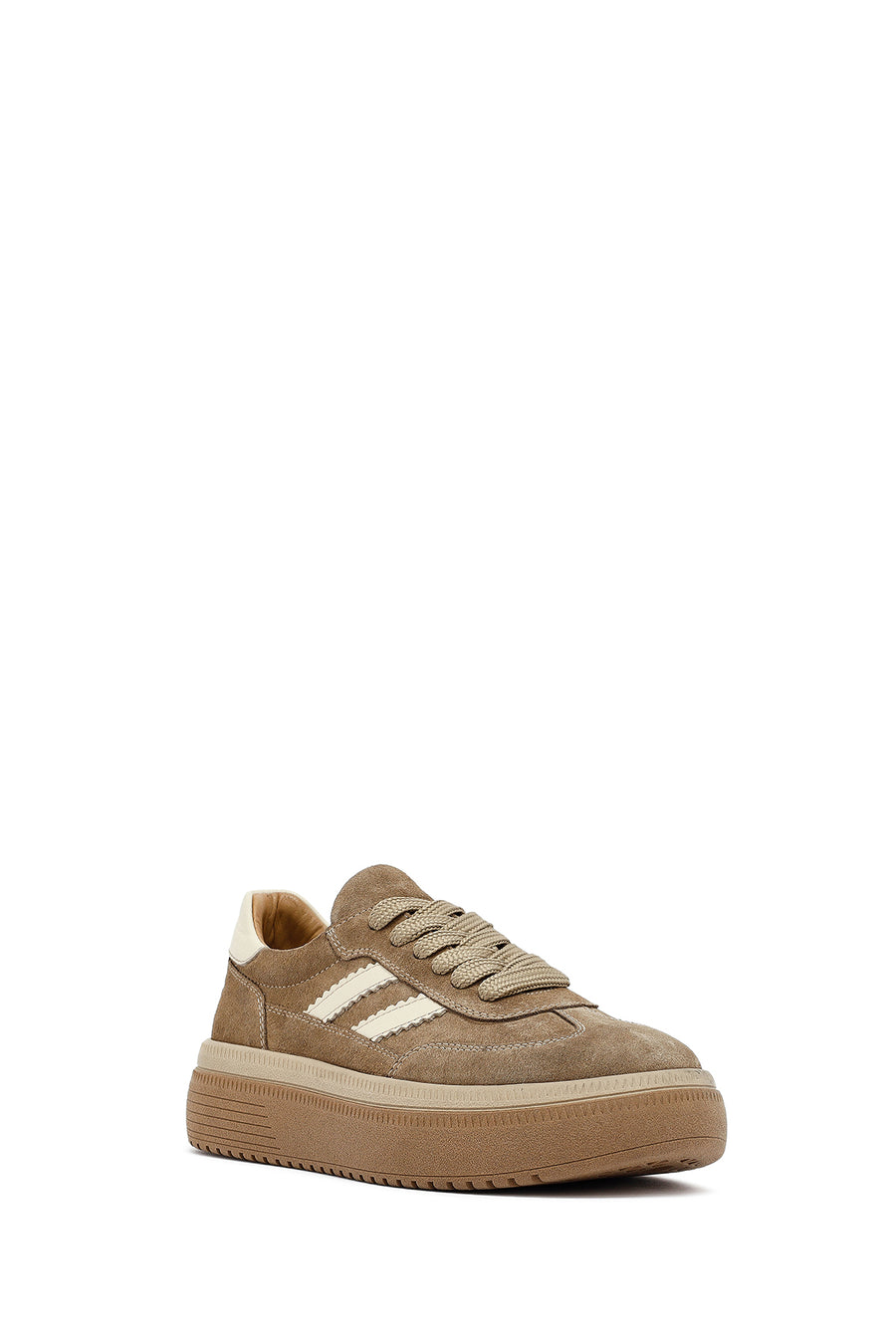 Woman Beige Lace-Up Thick-Soled Suede Leather Sneakers