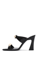 Women's Black Crocodile Patterned Leather High Thick Heeled Slippers | Derimod