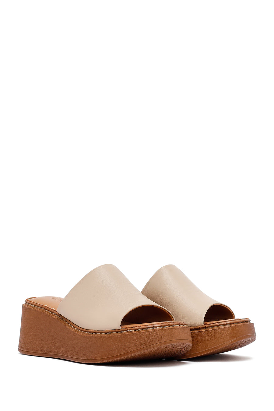 Woman Beige Thick Sole Leather Comfort Slippers