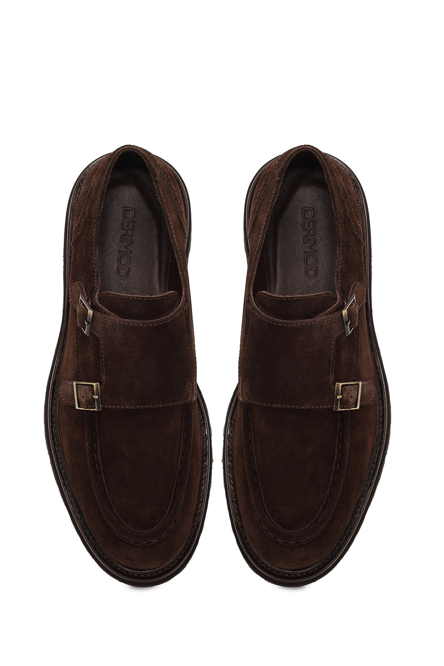 Male Brown Double-Buckle Thick-Soled Suede Casual Shoes