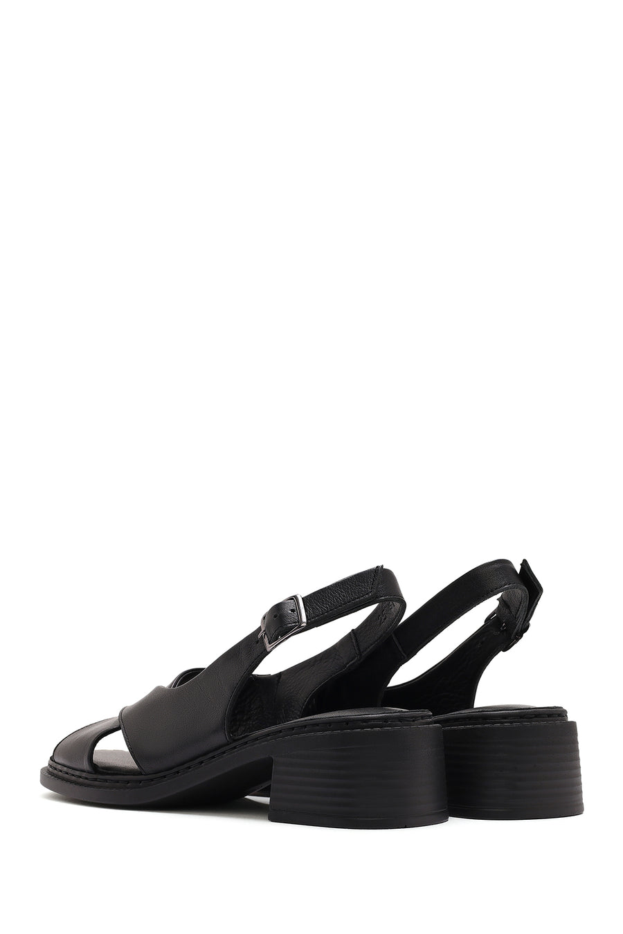 Women's Black Ankle Buckle Low Heel Leather Sandals