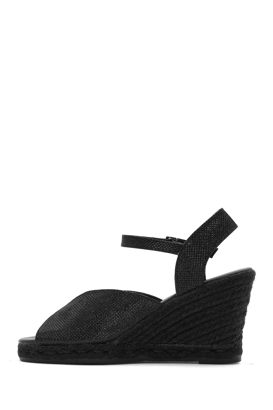 Women's Black Glitter Ankle Buckle Wedge Heel Espadrille Sandals