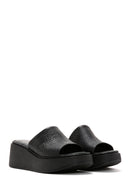 Women's Black Leather Wedge Heel Comfort Slippers | Derimod