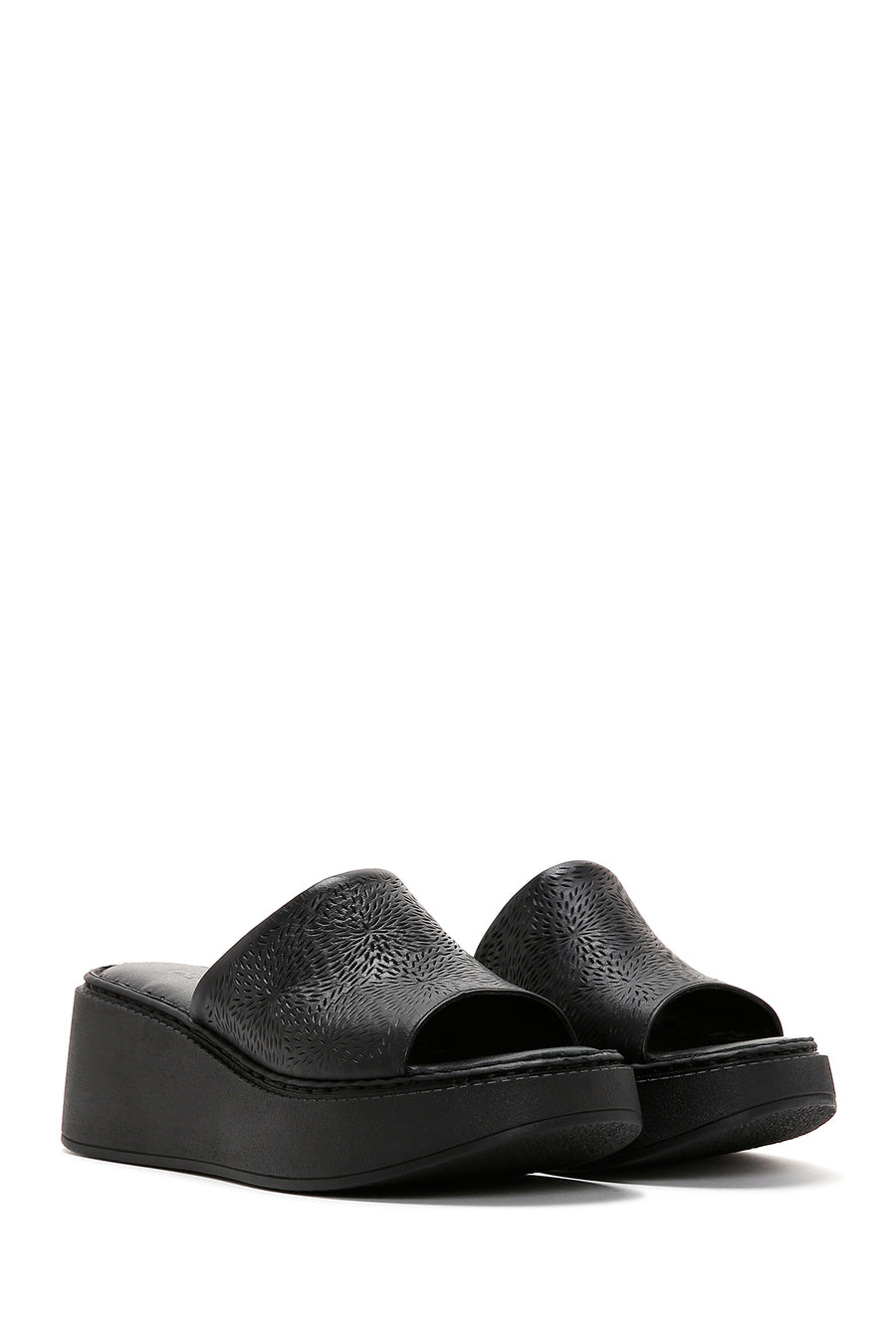Women's Black Leather Wedge Heel Comfort Slippers