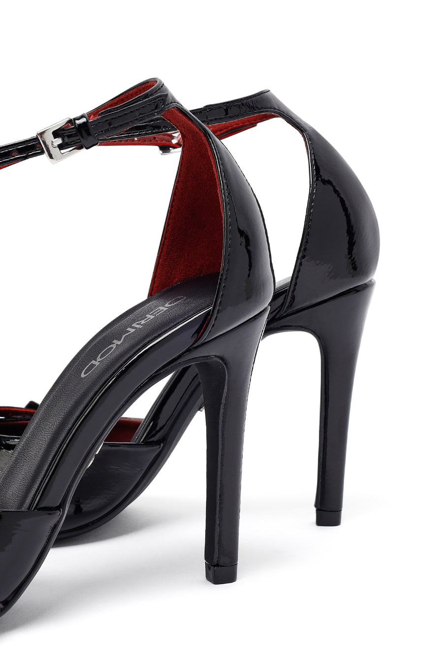 Woman Black Ankle-Strap Buckled High Slim-Heel Patent Leather Stiletto