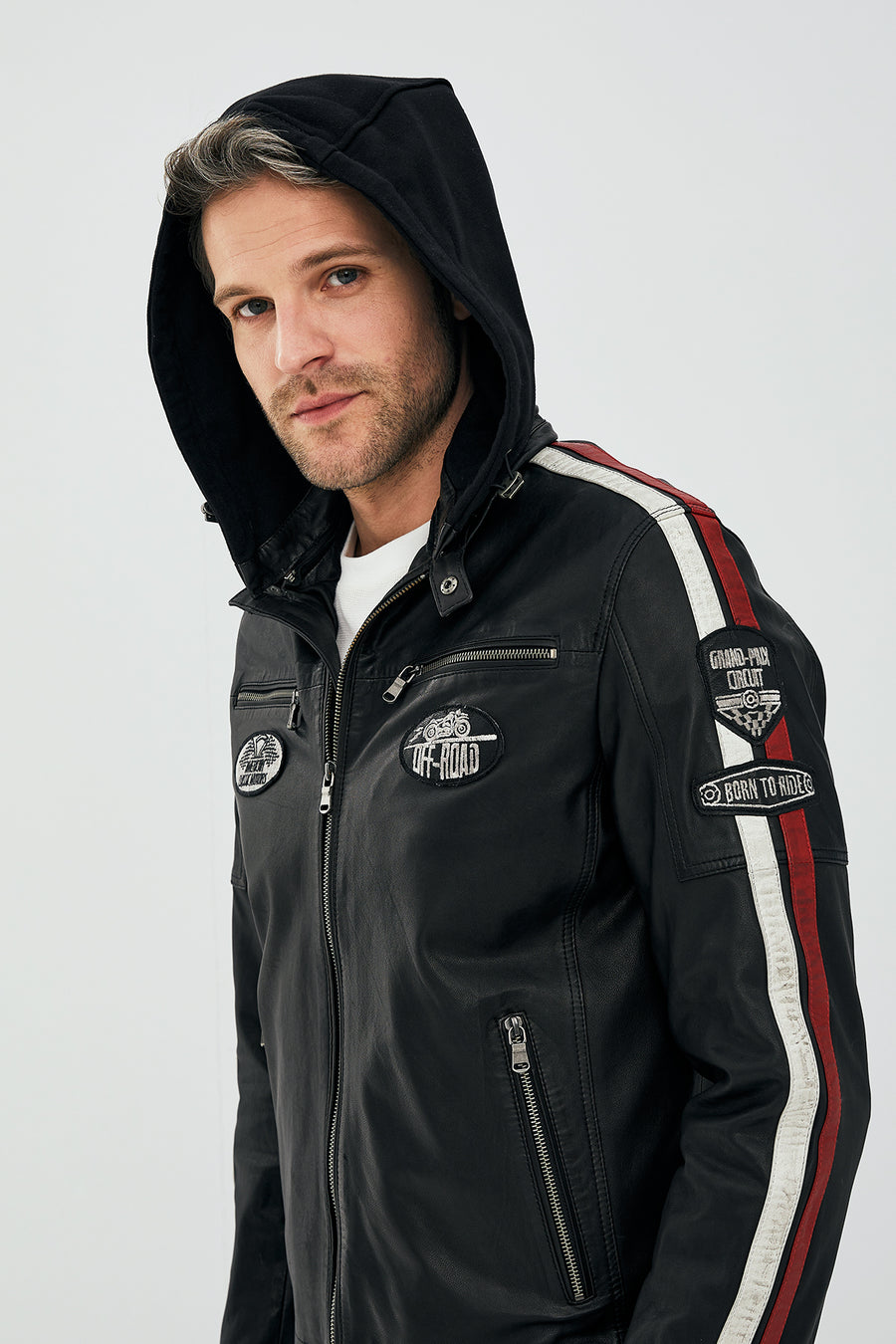 Formula Men's Black Embroidered Hooded Sports Leather Coat