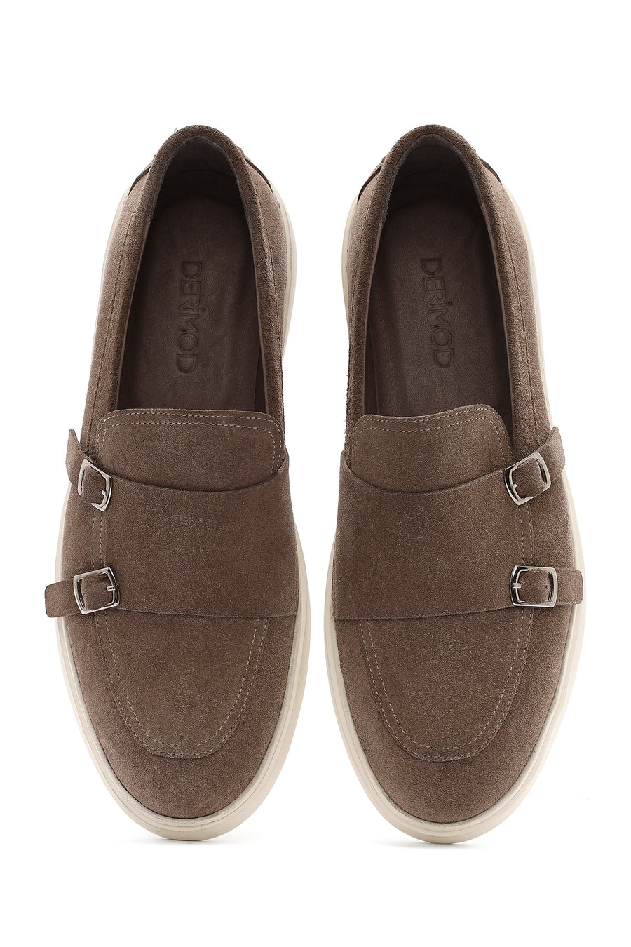 Men's Beige Double Buckle Suede Leather Loafer