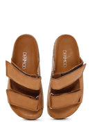 Women's Tan Leather Thick Soled Comfort Slippers | Derimod