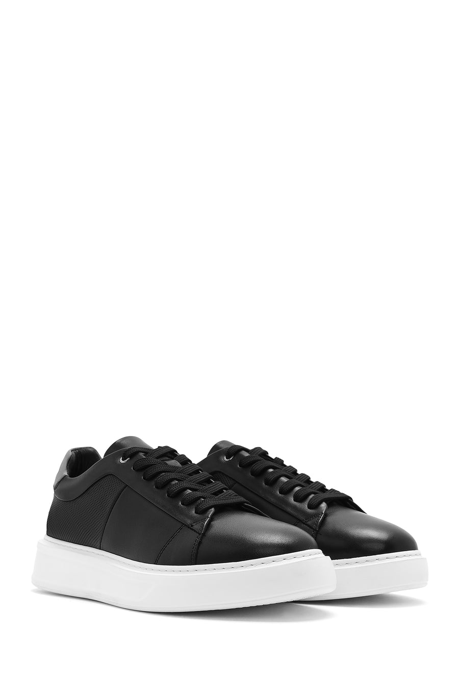 Erkek Siyah Bağcıklı Kalın Tabanlı Deri Sneaker