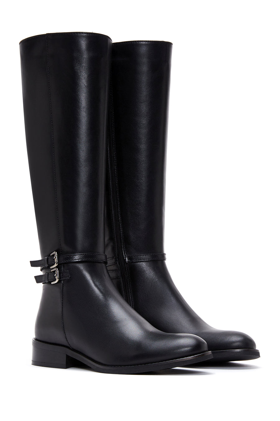 Woman Black Zippered Buckle Detail Leather Boot