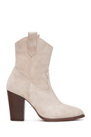 Women's Beige Suede Leather Heeled Cowboy Boots | Derimod