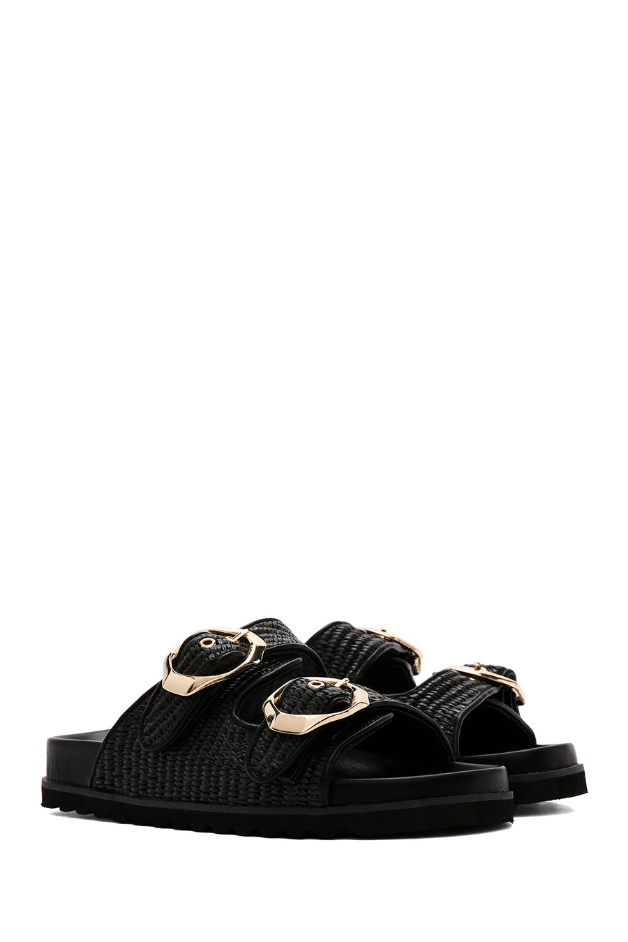 Women's Black Double Buckle Straw Slippers