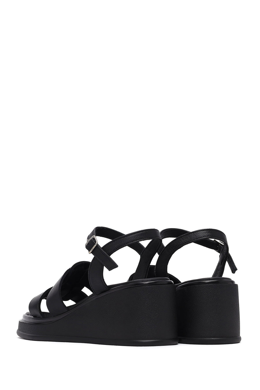 Women's Black Ankle Buckle Wedge Heel Leather Sandals