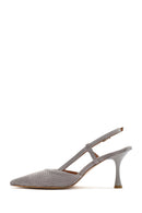 Women's Grey Open Back High Heel Suede Leather Shoes | Derimod