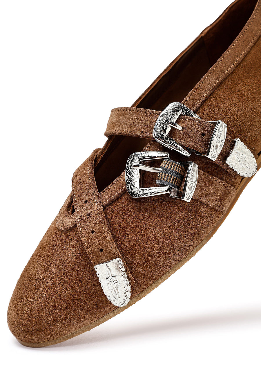 Women's Tan Double Buckled Suede Leather Ballerinas