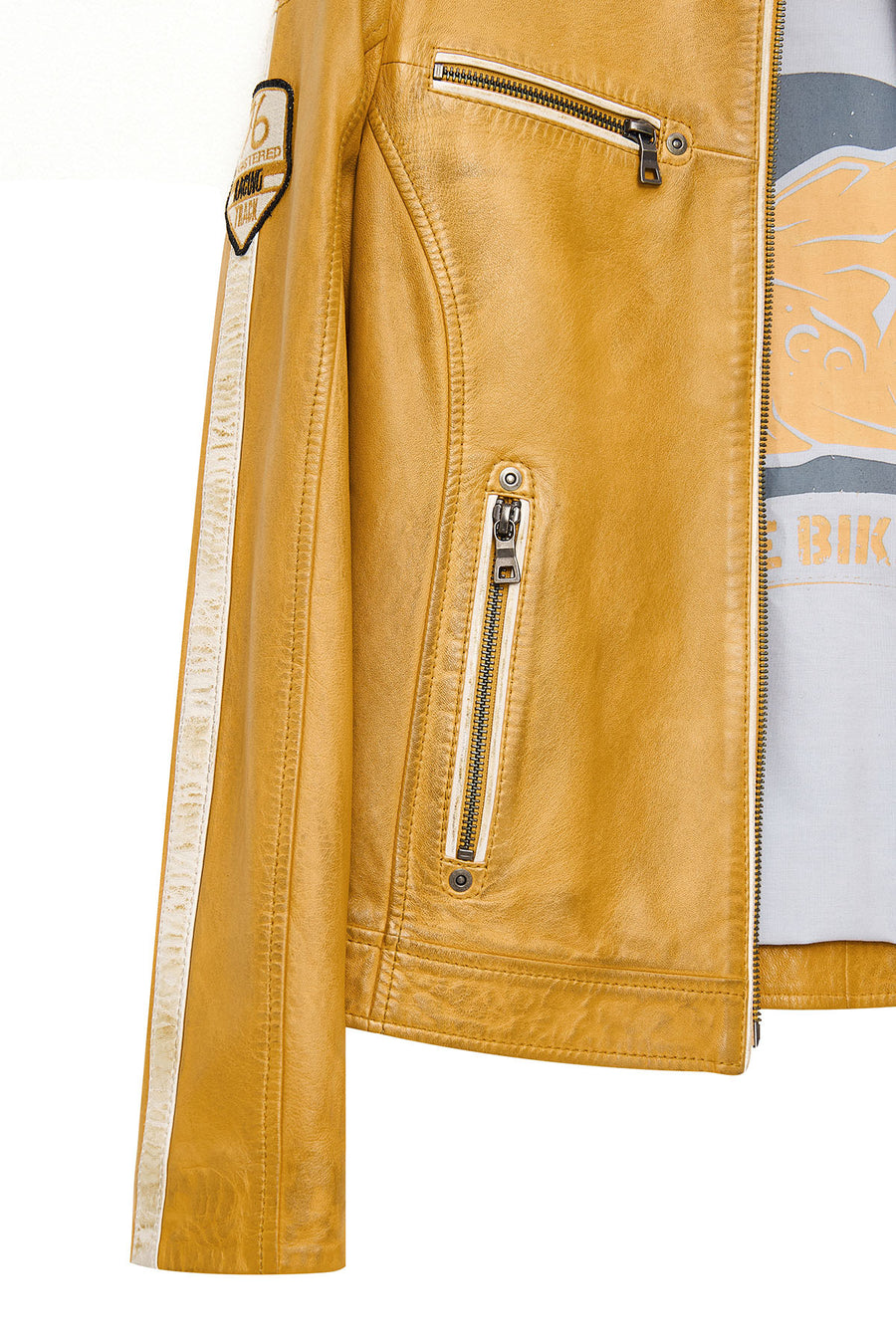 Champs Women's Yellow Embroidered Short Leather Jacket
