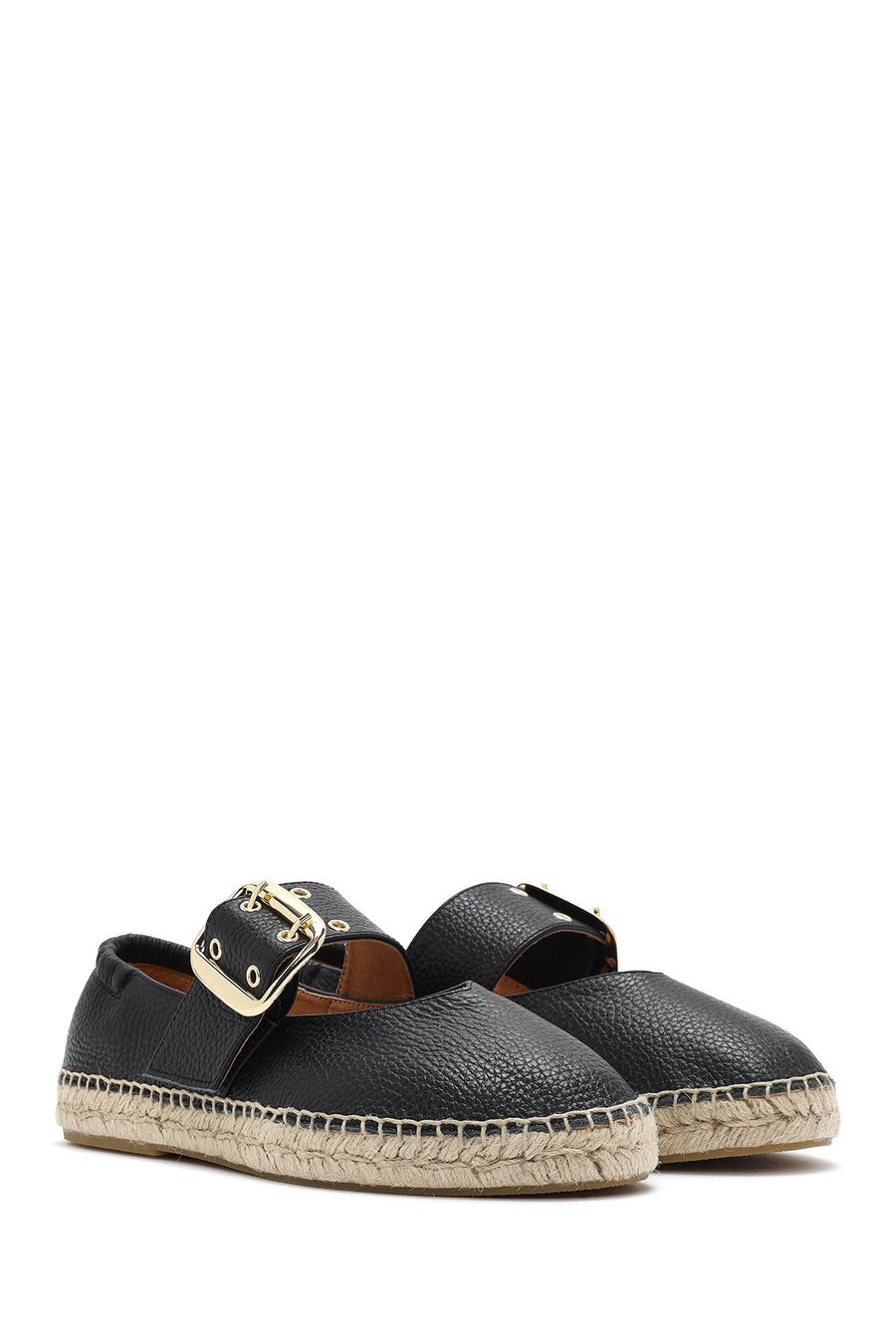 Women's Black Buckled Leather Espadrilles