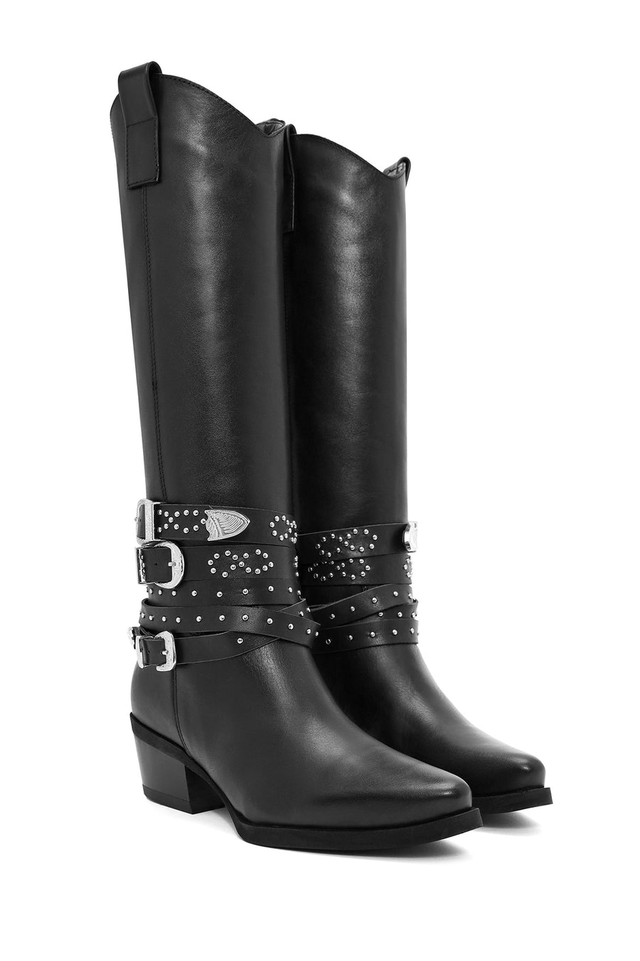 Women's Black Thick Heel Buckle Detailed Leather Cowboy Boots