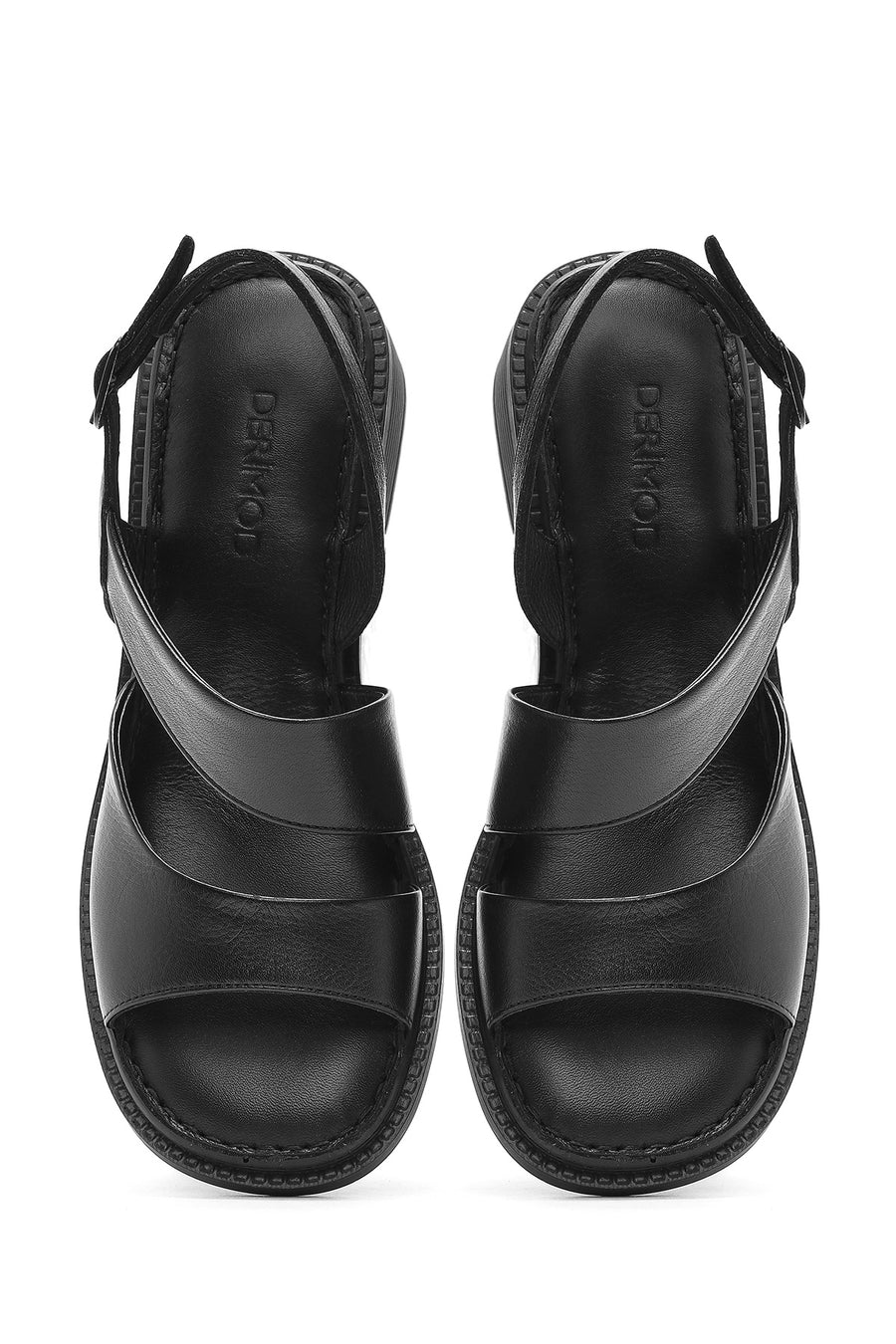 Women's Black Ankle Buckle Low Heel Leather Sandals