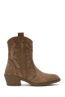 Woman Walnut Thick-Heeled Suede Cowboy Boots | Derimod