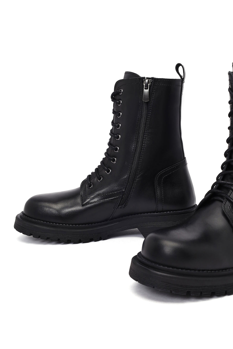 Women's Black Zipper Leather Combat Boots