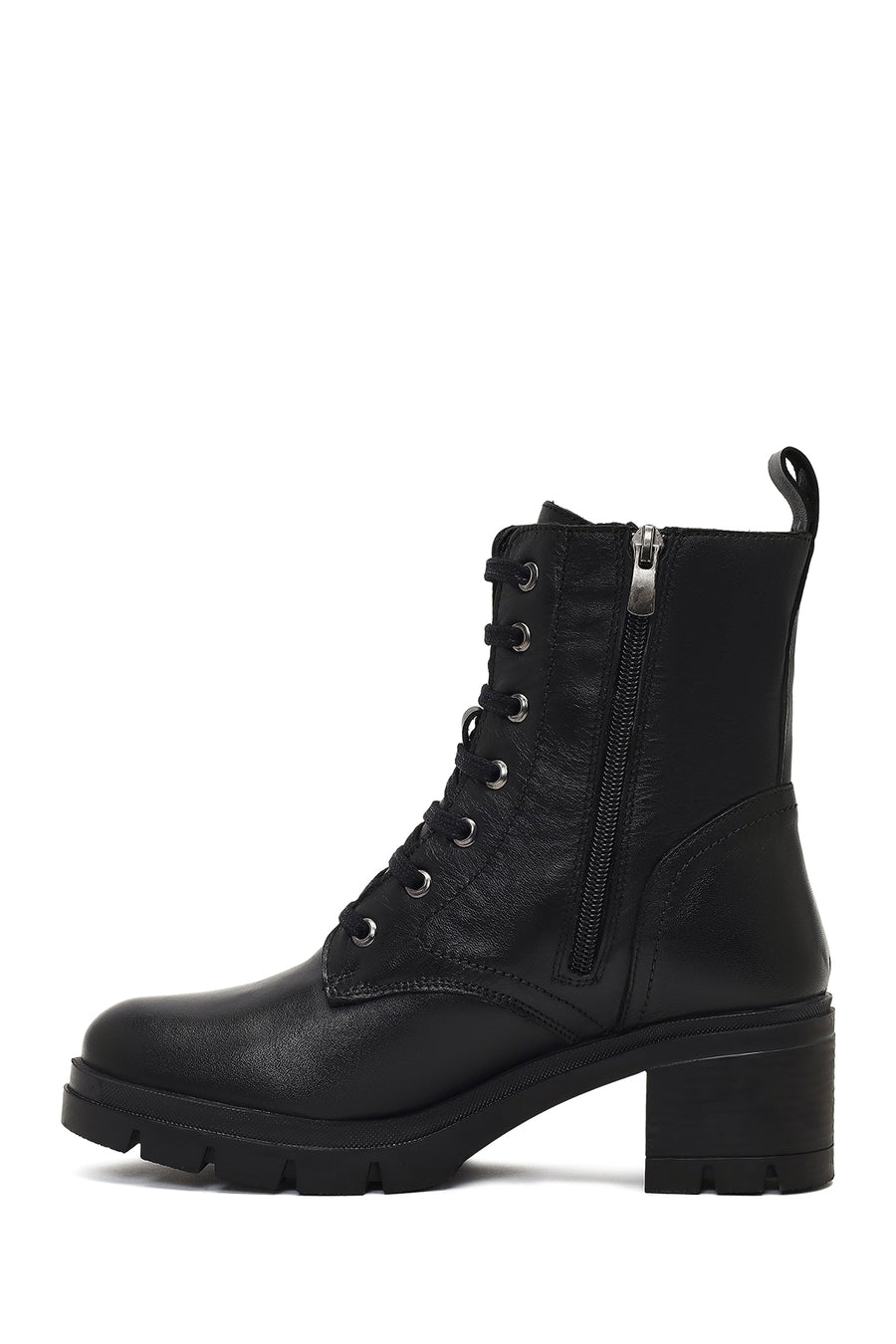 Woman Black Zip Closure Thick-Heeled Leather Boots