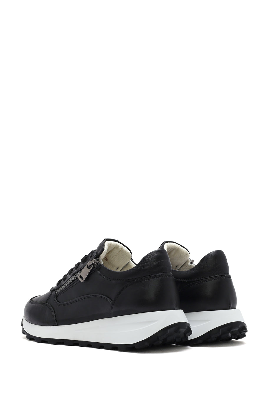 Kadın Siyah Bağcıklı Yandan Fermuarlı Deri Sneaker